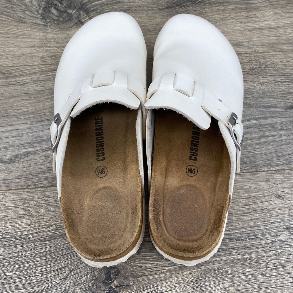 Cushionaire Lane Cork Footbed Clogs Womens 9M White Vegan Leather Buckle Mules - Picture 9 of 10